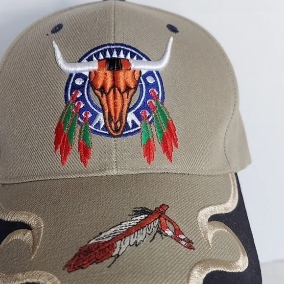 Texas Head Wear Western Native American Inspired Tan Baseball Cap with appliques - Picture 3 of 10